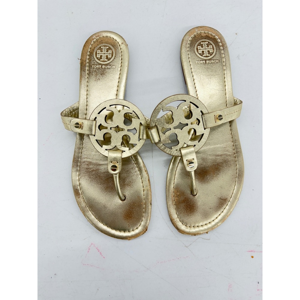 Tory Burch Miller Metallic Gold Leather Logo Thong Sandals 5930 8M